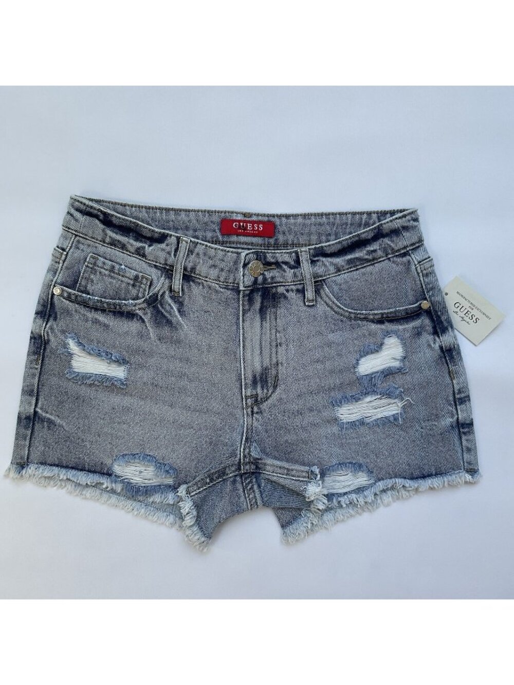 Guess Women’s Mid Rise Short Destroyed In Blue Size 28